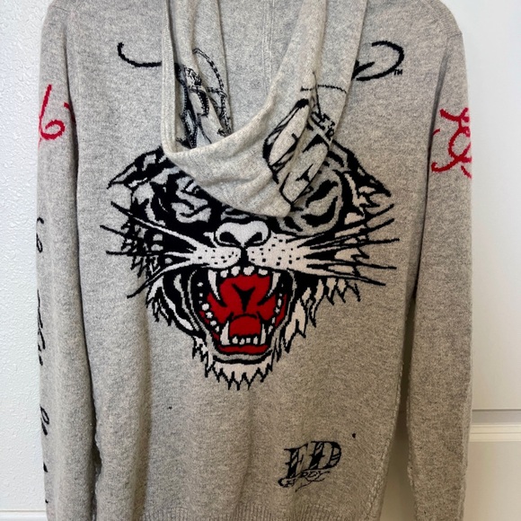 Vintage Ed Hardy Cashmere Light Gray Hoodie with Silver Zipper - Picture 2 of 10